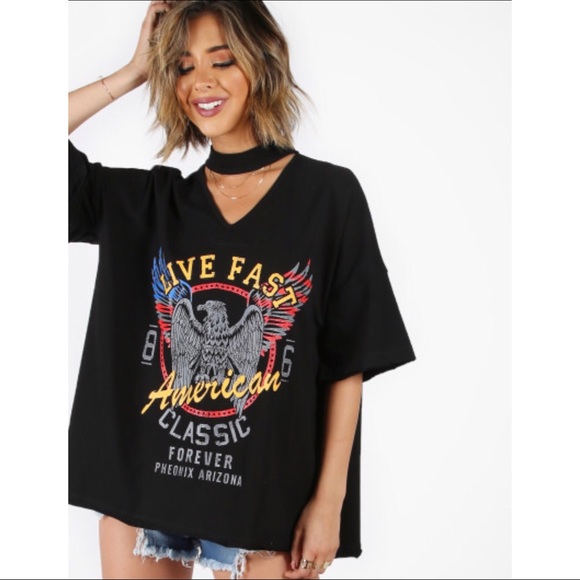 Choker V-Neck Drop Shoulder Print Tee - Picture 2 of 5
